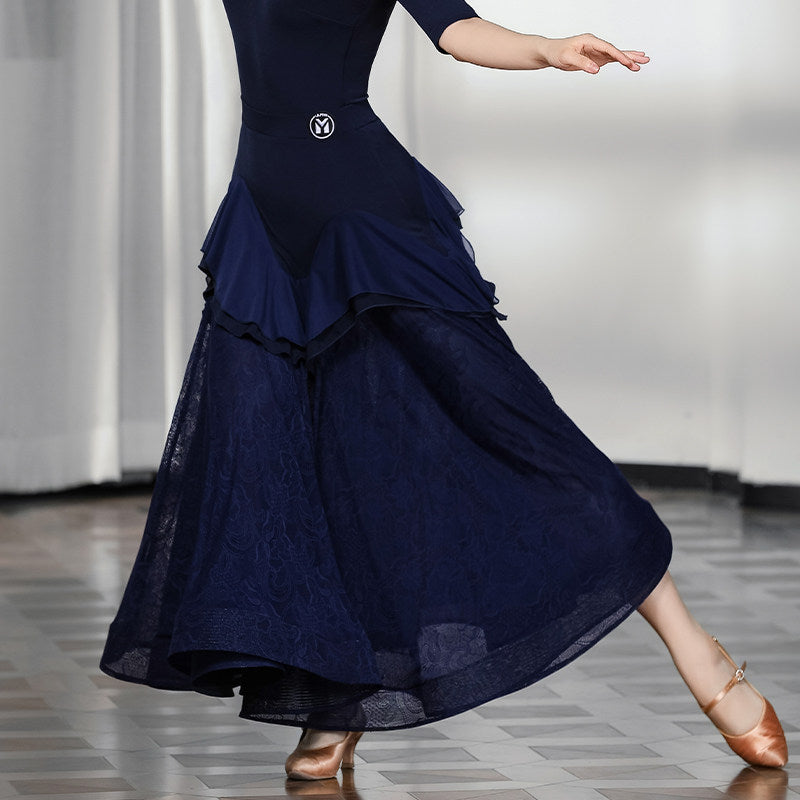 Dark blue lace ballroom skirt, movement view