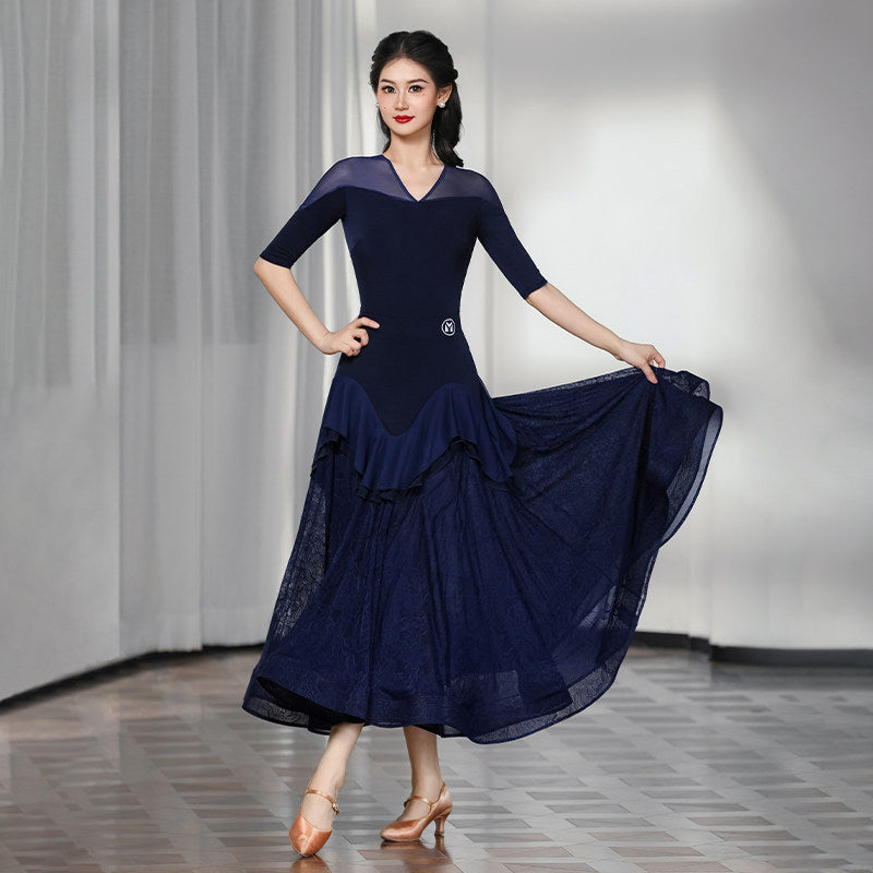 Dark blue ballroom skirt, alternate movement view