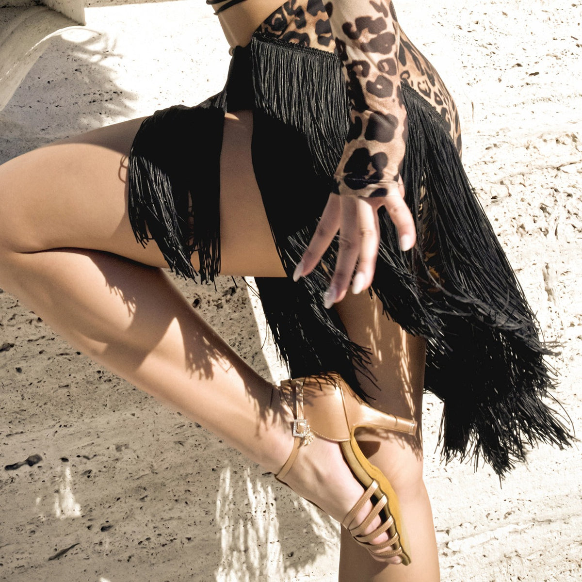 Black strappy wrap fringe Latin dance skirt for salsa, side view