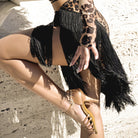 Black strappy wrap fringe Latin dance skirt for salsa, side view