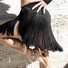 Black strappy fringe skirt in motion