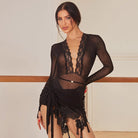 Latin Dance Leotard Sheer Mesh Lace Trim Deep V Bodysuit, view 4