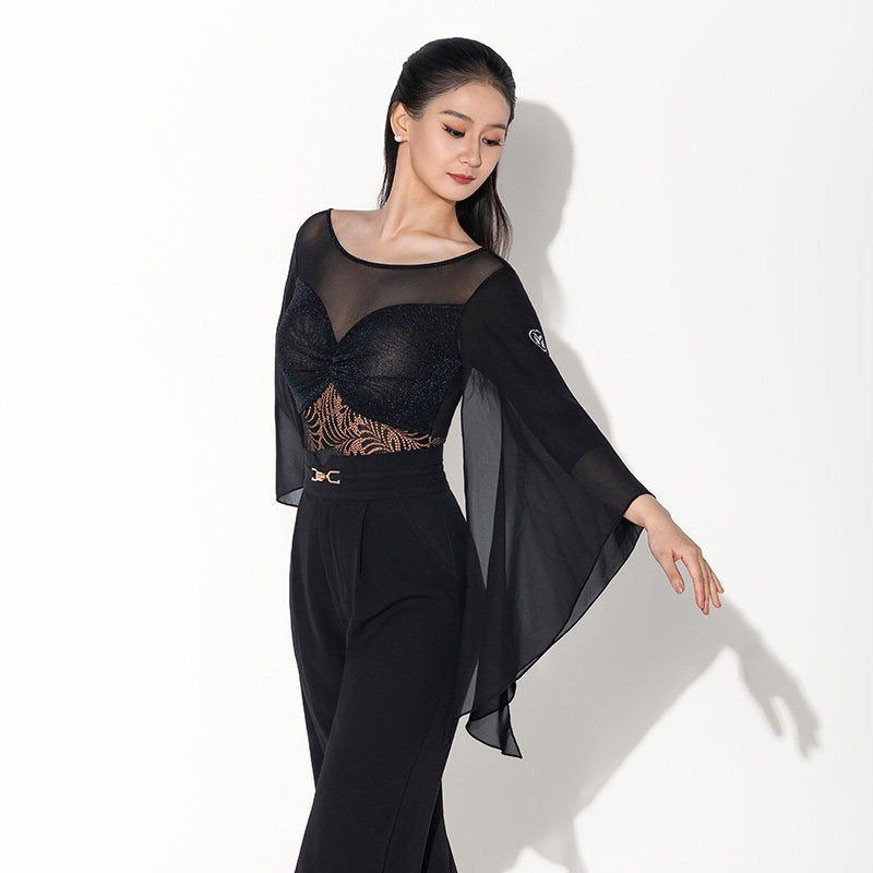 Black mesh cape sleeve ballroom dance leotard, front view