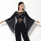 Black ballroom dance bodysuit with flowing cape sleeves