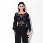 Black mesh ballroom dance leotard, front view