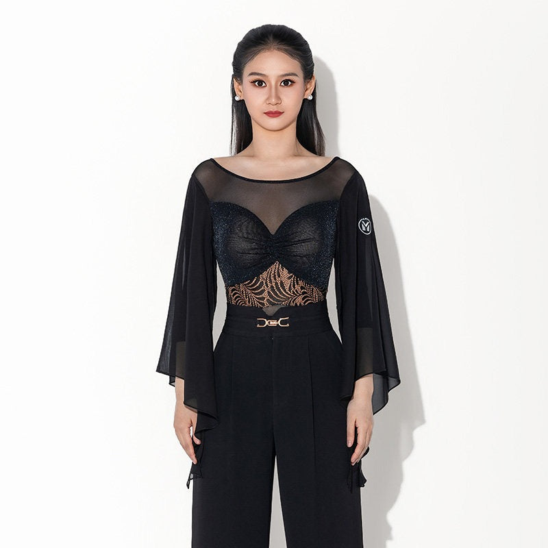Black mesh ballroom dance leotard, front view