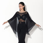 Black cape sleeve dance bodysuit, side view