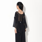 Black mesh cape sleeve ballroom leotard, back view