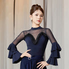 Navy ruffle bell sleeve ballroom dance leotard, front view