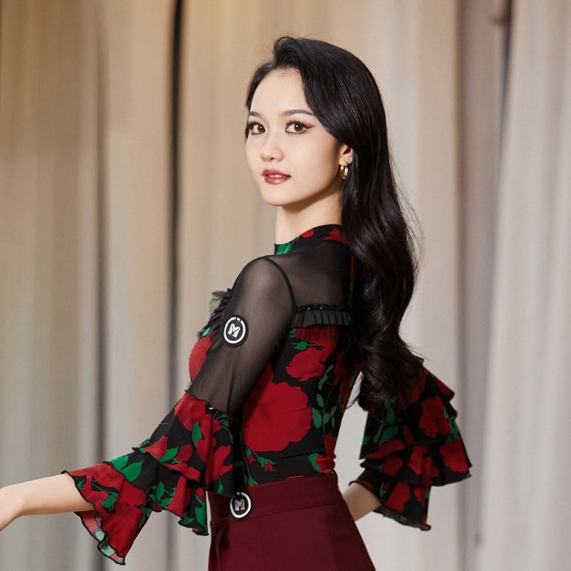 Black rose print ballroom dance bodysuit with ruffle sleeves
