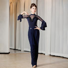 Navy ballroom dance leotard worn with practice trousers