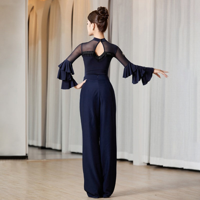 Navy ruffle sleeve ballroom leotard, keyhole back view