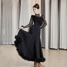 Black mesh drape ballroom leotard worn with a practice skirt