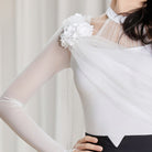 White mesh drape ballroom dance leotard, close view