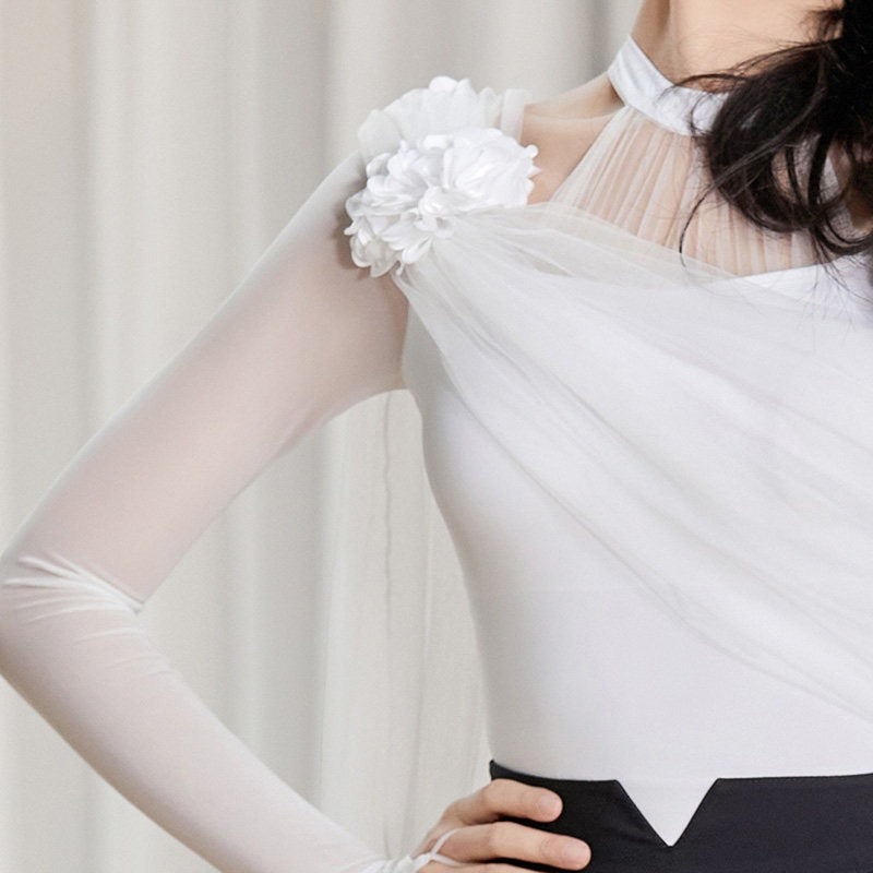 White mesh drape ballroom dance leotard, close view