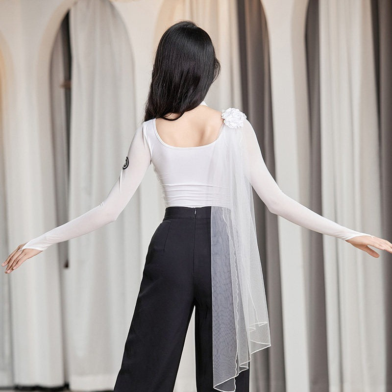 White long sleeve ballroom dance bodysuit, back view