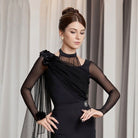 Black mesh drape long sleeve ballroom dance leotard, front view