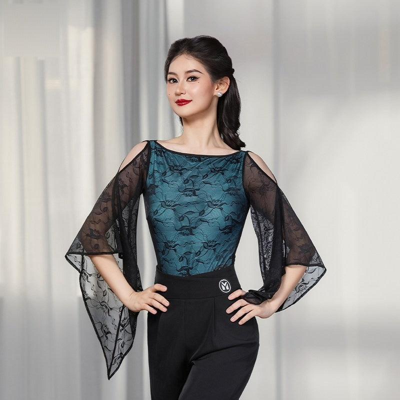 Teal lace cold shoulder ballroom dance leotard, front view