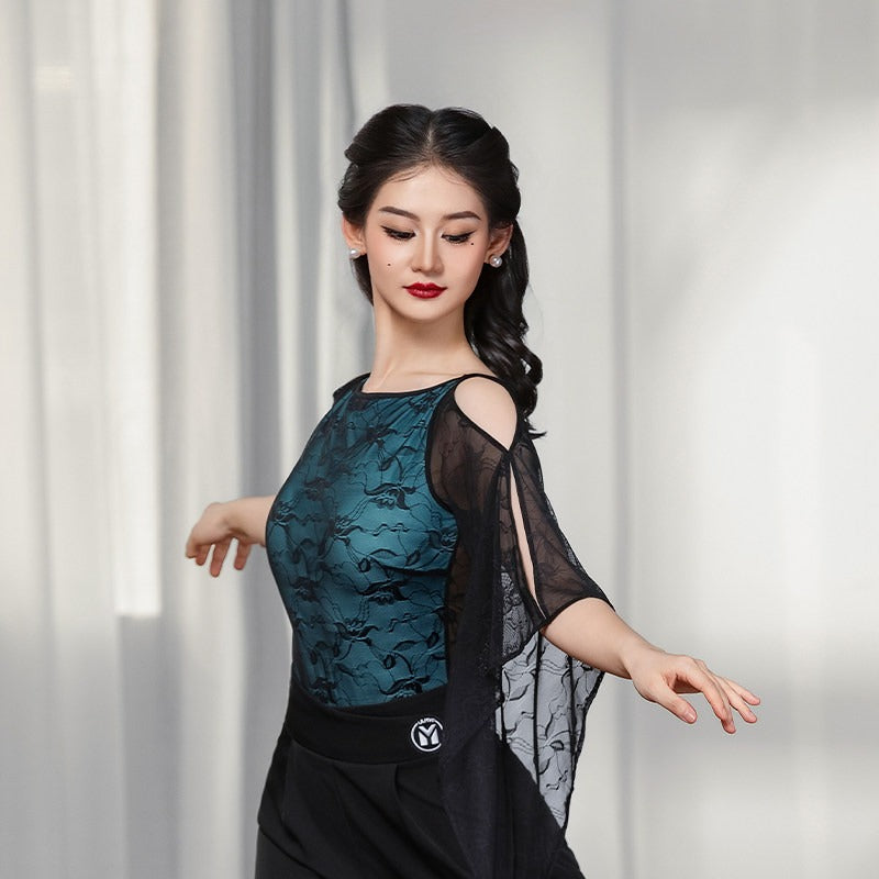 Teal lace ballroom dance bodysuit, side view