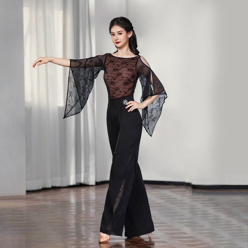 Tan lace bell sleeve ballroom leotard, arms open