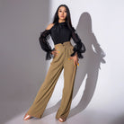 Khaki wide leg ballroom dance pants, full length view