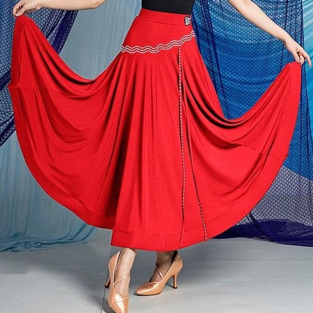 Red rhinestone wave ballroom dance skirt for ballroom practice, front view