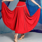 Red rhinestone wave ballroom dance skirt for ballroom practice, front view