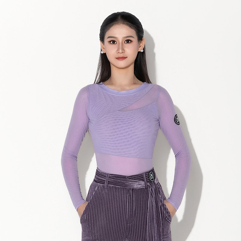 Lavender mesh long sleeve ballroom dance top for women