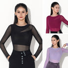 Black mesh long sleeve ballroom dance top with color options