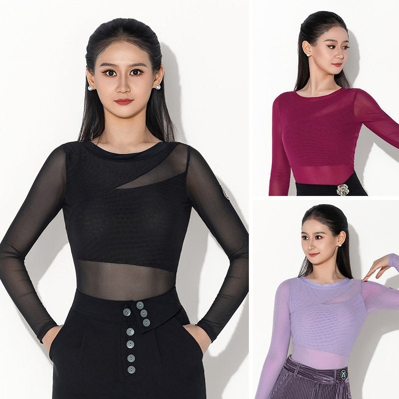 Black mesh long sleeve ballroom dance top with color options
