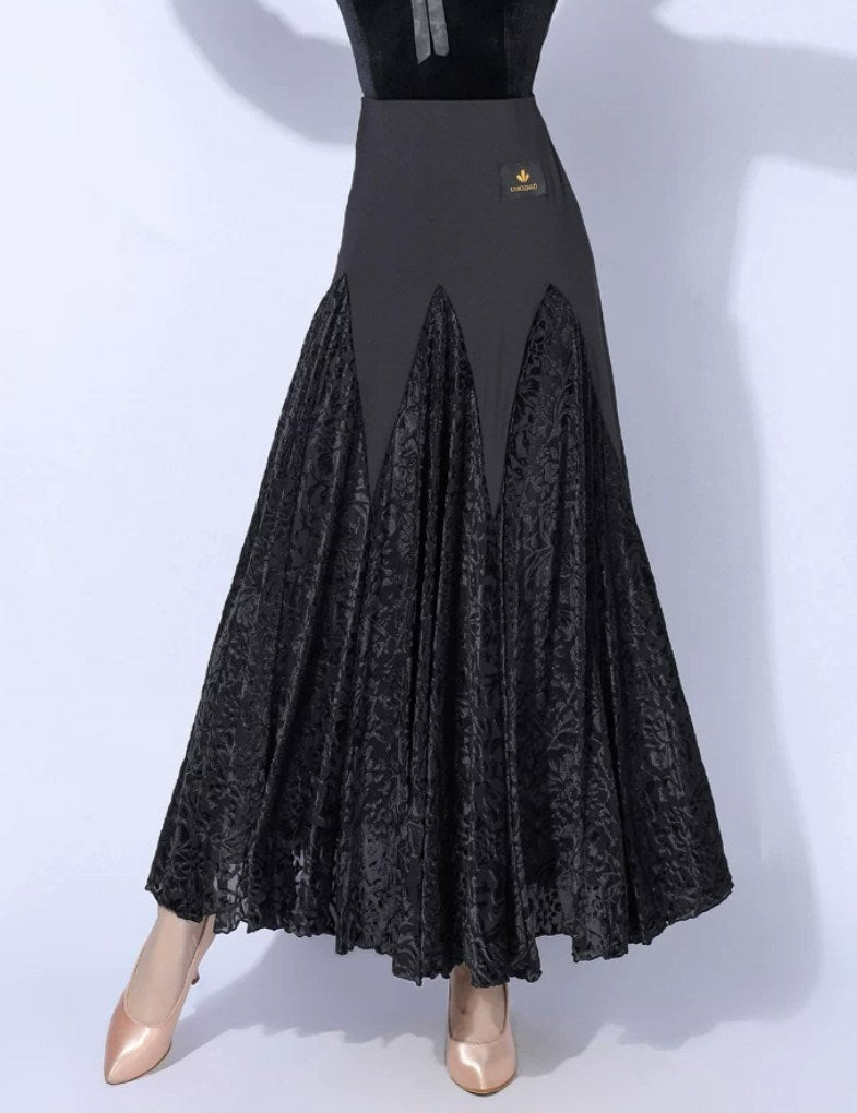 Women's Black Burnout Velvet Ballroom Smooth Long Dance Skirt