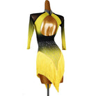 Yellow and black ombre long sleeve tassel dress, back view on mannequin