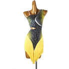 Yellow and black ombre latin salsa dance dress with stoned one shoulder bodice and yellow fringe skirt, front view