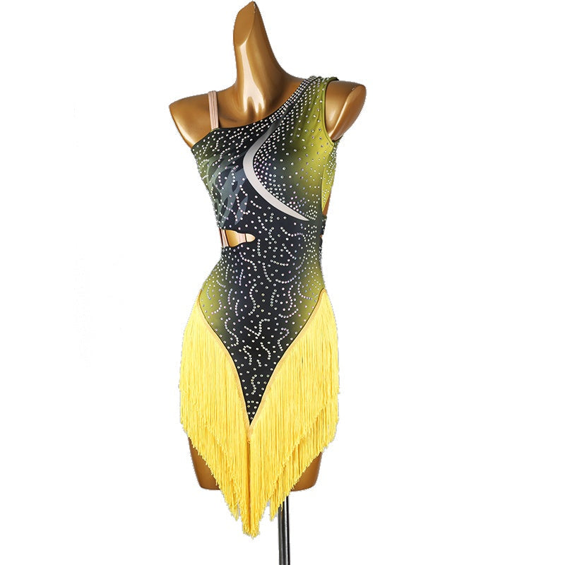 Yellow and black ombre one shoulder fringe dress, angled front view on mannequin