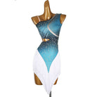 Blue one shoulder fringe dress, angled front view on mannequin