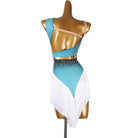Blue one shoulder fringe dress, back view on mannequin