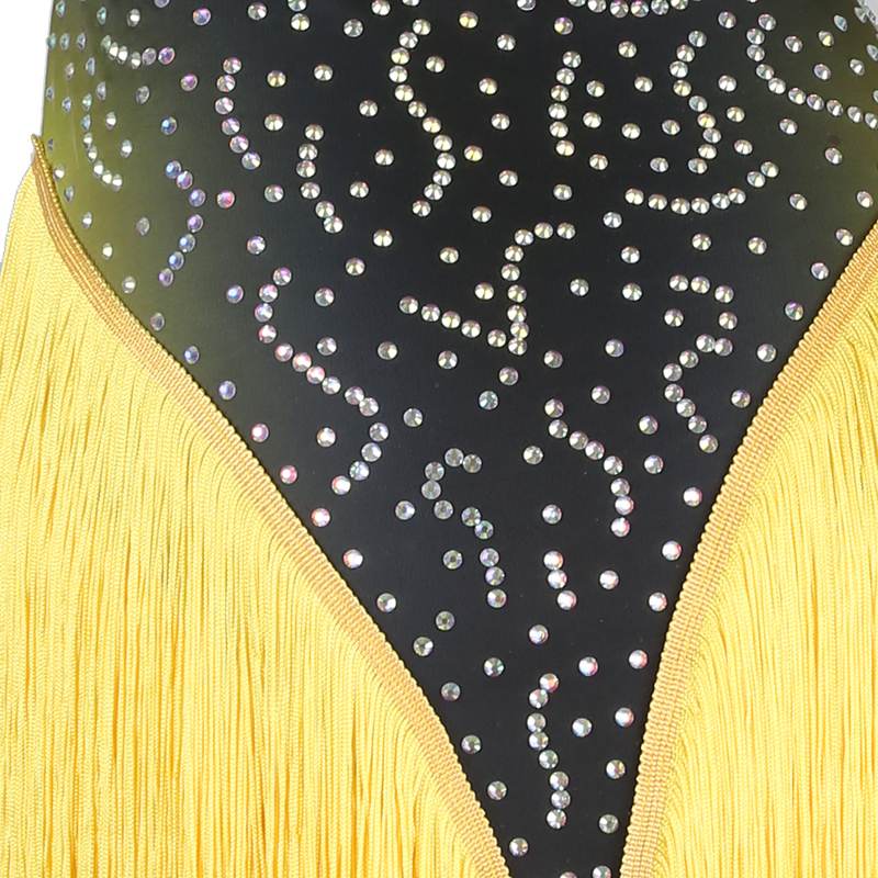 Close-up of the yellow fringe against the stoned black hip panel