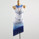 White and blue ombre latin salsa dance dress with beaded motif, illusion back and asymmetric fringe hem, front view