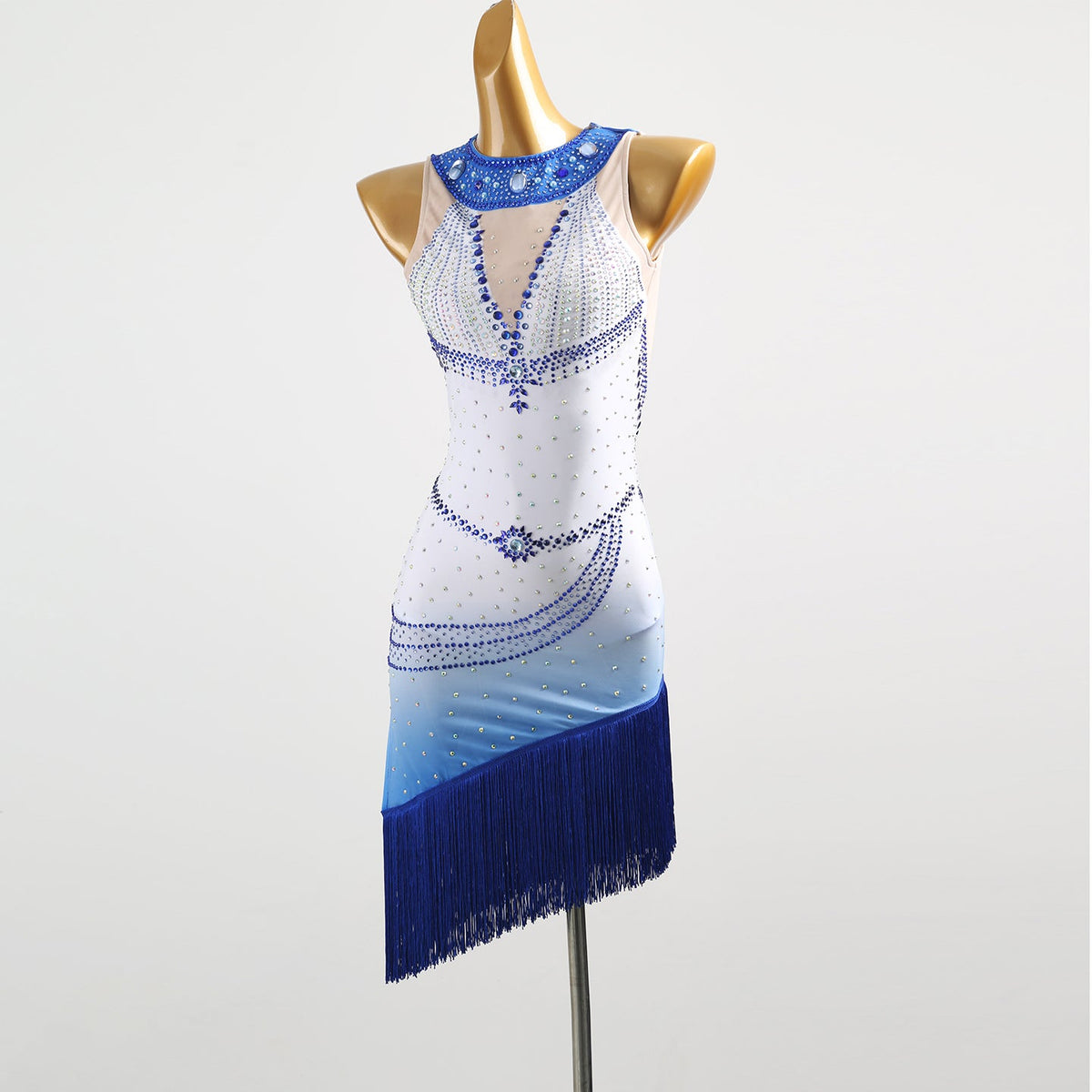 White and blue ombre beaded motif dress, front view from the other side