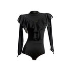 Black ruffle long sleeve dance bodysuit, product view