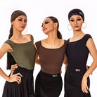 Off shoulder cap sleeve Latin dance leotards in olive, brown and black