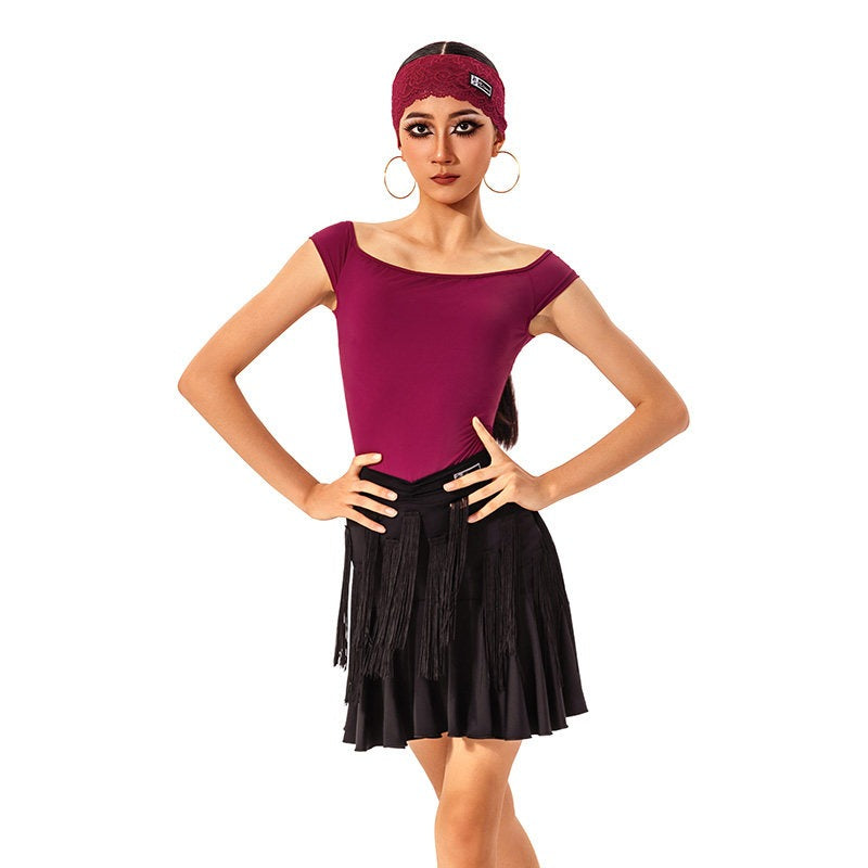 Burgundy off shoulder Latin dance bodysuit, front view