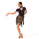 Black choker V neck Latin leotard worn with a mesh fringe skirt
