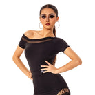 Black off shoulder Latin dance bodysuit, side view