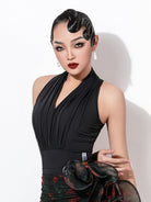 Black halter Latin dance bodysuit, side view