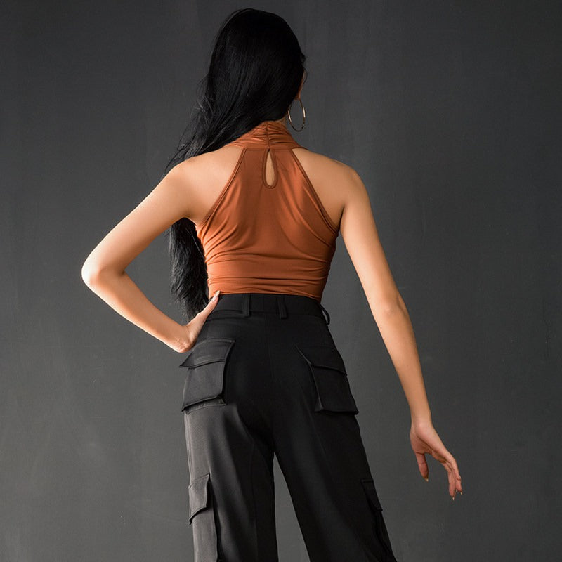 Tan halter Latin dance leotard, back view