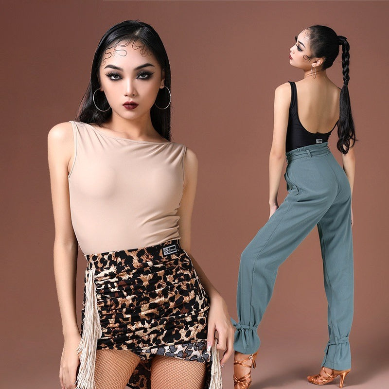 Khaki boat neck scoop back Latin dance leotard