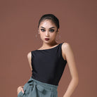 Black boat neck Latin dance bodysuit, front view