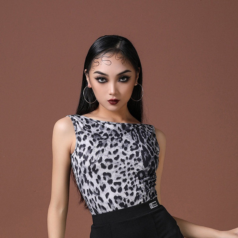 Grey leopard boat neck Latin dance leotard