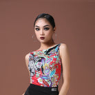 Red paisley print boat neck Latin dance bodysuit